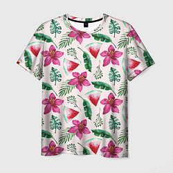 Мужская футболка Арбузы, цветы и тропические листья