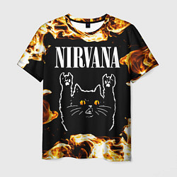 Футболка мужская Nirvana рок кот и огонь, цвет: 3D-принт