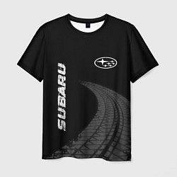 Мужская футболка Subaru speed на темном фоне со следами шин: надпис