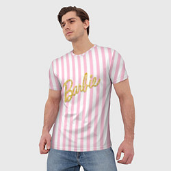 Футболка мужская Barbie - золотая надпись и бело-розовые полосы, цвет: 3D-принт — фото 2