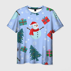 Мужская футболка Снеговики с новогодними подарками паттерн