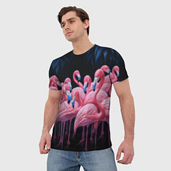 Футболка мужская Стая розовых фламинго в темноте, цвет: 3D-принт — фото 2