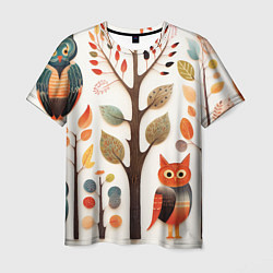 Мужская футболка Совы в осеннем лесу в стиле фолк-арт