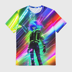 Футболка мужская Неоновая девчонка - аниме - нейросеть, цвет: 3D-принт
