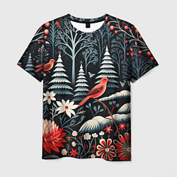 Мужская футболка Новогодний лес и птицы