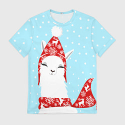 Мужская футболка Лама - альпака в шапочке зимой