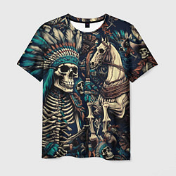 Мужская футболка Татуировка скелета индейца и ковбоя в техасе