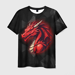 Мужская футболка Красный дракон на полигональном черном фоне