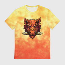Мужская футболка Огненный дикий кабан на фоне пламени