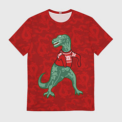 Мужская футболка Динозавр в свитере - новогодние драконы