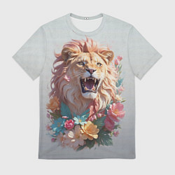 Мужская футболка Голова льва в цветах на холсте