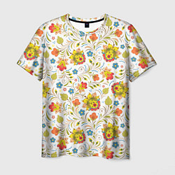 Мужская футболка Хохломская роспись разноцветные цветы на белом фон