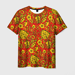 Мужская футболка Хохломская роспись золотистые цветы на красном фон