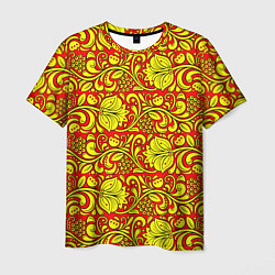Мужская футболка Хохломская роспись золотистые цветы и ягоды на кра