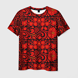 Футболка мужская Хохломская роспись красные цветы и ягоды на чёрном, цвет: 3D-принт
