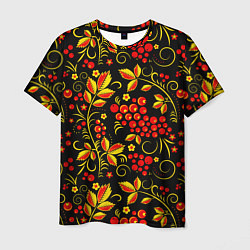 Мужская футболка Хохломская роспись золотистые листья чёрном фоне