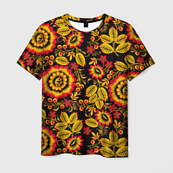 Мужская футболка Хохломская роспись золотистые листья и цветы чёрно