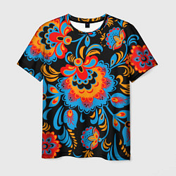 Мужская футболка Хохломская роспись разноцветные цветы на чёроном ф
