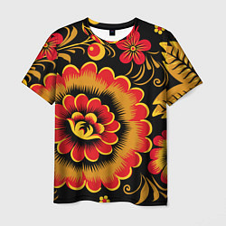 Мужская футболка Хохломская роспись красно-жёлтые цветы на чёрном ф