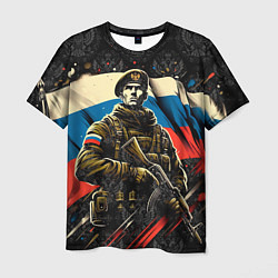 Футболка мужская Русский солдат на фоне флага России, цвет: 3D-принт