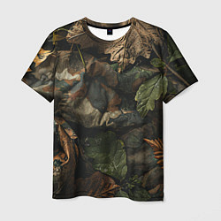 Мужская футболка Реалистичный охотничий камуфляж из ткани и листьев