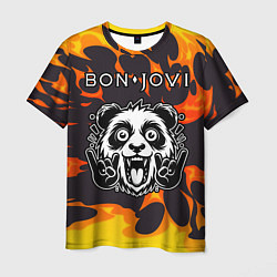 Футболка мужская Bon Jovi рок панда и огонь, цвет: 3D-принт