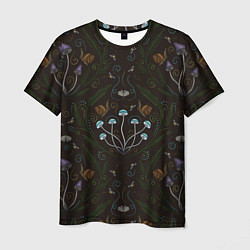 Мужская футболка Волшебный лес, грибы, улитки и мотыльки - паттерн