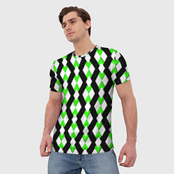 Футболка мужская Зелёные и белые ромбы на чёрном фоне, цвет: 3D-принт — фото 2