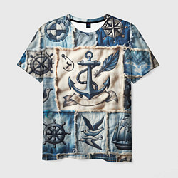 Мужская футболка Пэчворк с якорем - джинсовка моряка