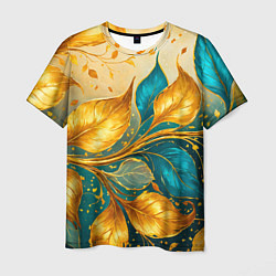 Мужская футболка Листья абстрактные золото и бирюза
