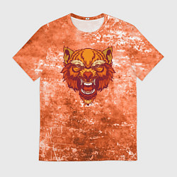 Мужская футболка Красный гневный волк на фоне абстракции