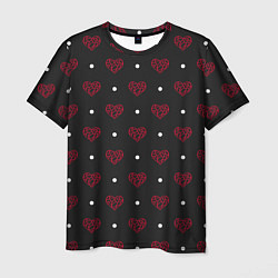 Мужская футболка Красные сердечки и белые точки на черном