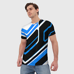 Футболка мужская Бело-синие линии на чёрном фоне, цвет: 3D-принт — фото 2