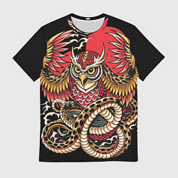 Мужская футболка Сова со змеёй в японском стиле