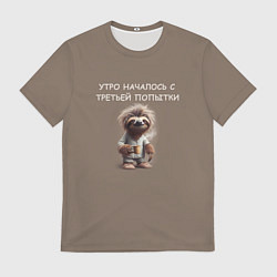 Мужская футболка Ленивец с кружкой кофе: утро началось с третьей по
