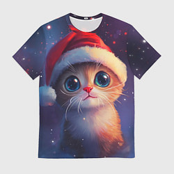 Футболка мужская Котик новогодний в шапочке, цвет: 3D-принт