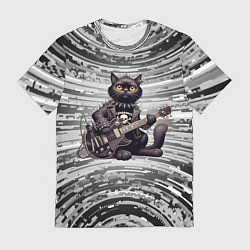Мужская футболка Чёрный кот играет на гитаре - нейроарт