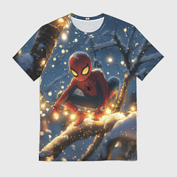 Футболка мужская Человек-паук на новогодней елке, цвет: 3D-принт