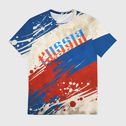 Мужская футболка Надпись Россия на фоне цветов флага