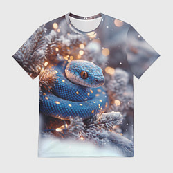 Мужская футболка Синяя змея в снежной елке