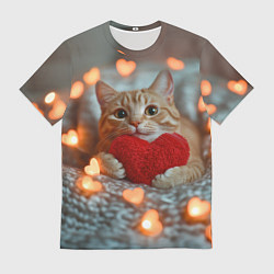 Мужская футболка Рыжий кот держит сердечко