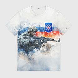 Мужская футболка Русский солдат и синий герб РФ