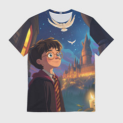 Футболка мужская Удивленный Гарри Поттер и сова, цвет: 3D-принт