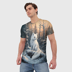 Футболка мужская Белый лисенок в зимнем лесу, цвет: 3D-принт — фото 2