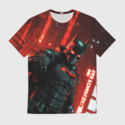 Мужская футболка Черный Бэтмен на фоне красного города