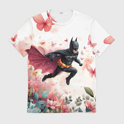 Мужская футболка Бэтмен прыгает над цветами и бабочками