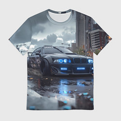 Мужская футболка BMW синие фары дождливая погода