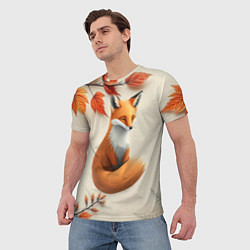 Футболка мужская Лис под осенними листьями, цвет: 3D-принт — фото 2