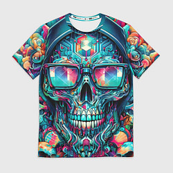 Мужская футболка Кибер череп в балахоне и очках - нейроарт фантазия