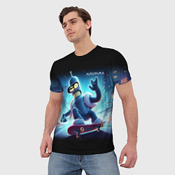Футболка мужская Bender is a skateboarder in neon street - ai art, цвет: 3D-принт — фото 2